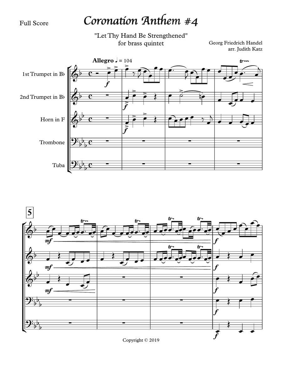Coronation Anthem #4 - Let Thy Hand Be Strengthened - for brass quintet Brass Quintet scores gallery preview page 1