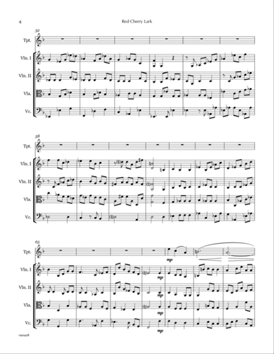 Red Cherry Lark (trumpet & string quartet) Chamber Orchestra scores gallery preview page 6