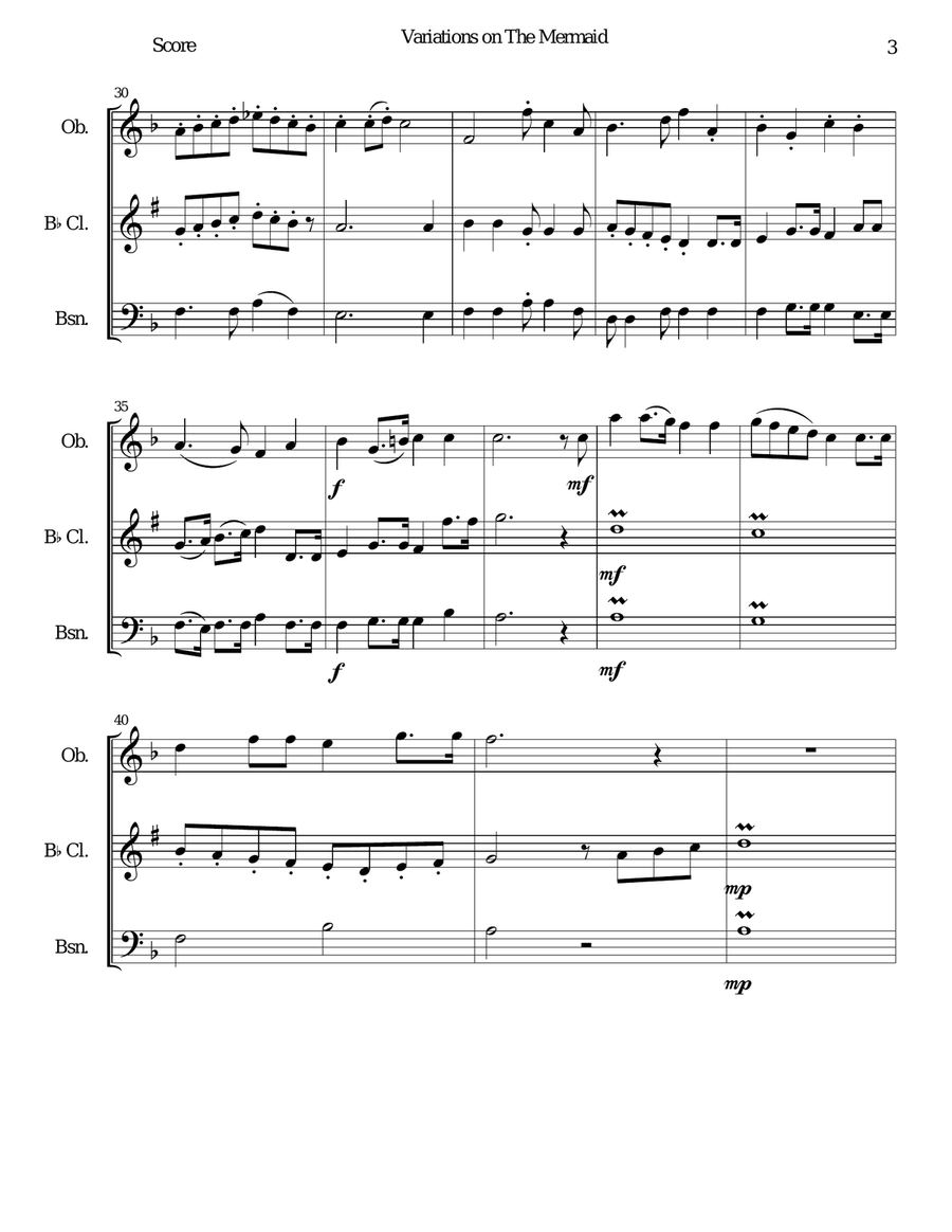 Variations on The Mermaid for wind trio (oboe, clarinet, bassoon) Woodwind Trio scores gallery preview page 3