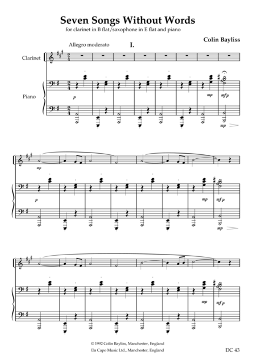 Seven Songs Without Words - for clarinet [or saxophone] and piano Small Ensemble scores gallery preview page 1