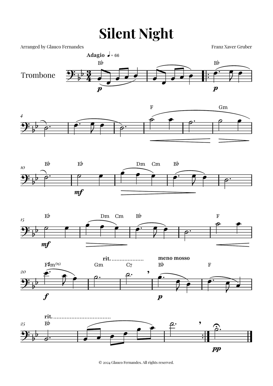 Silent Night | BEAUTIFUL Arrangement Trombone Solo scores gallery preview page 1