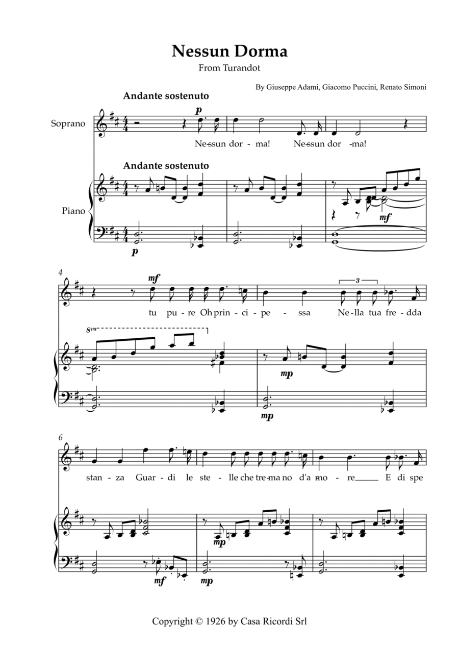 Nessun Dorma - Soprano & Piano Voice scores gallery preview page 1
