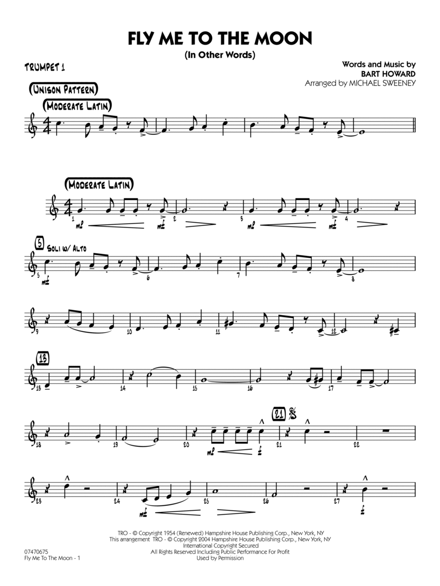 Fly Me To The Moon (In Other Words) (arr. Michael Sweeney) - Trumpet 1 Jazz Ensemble scores gallery preview page 1