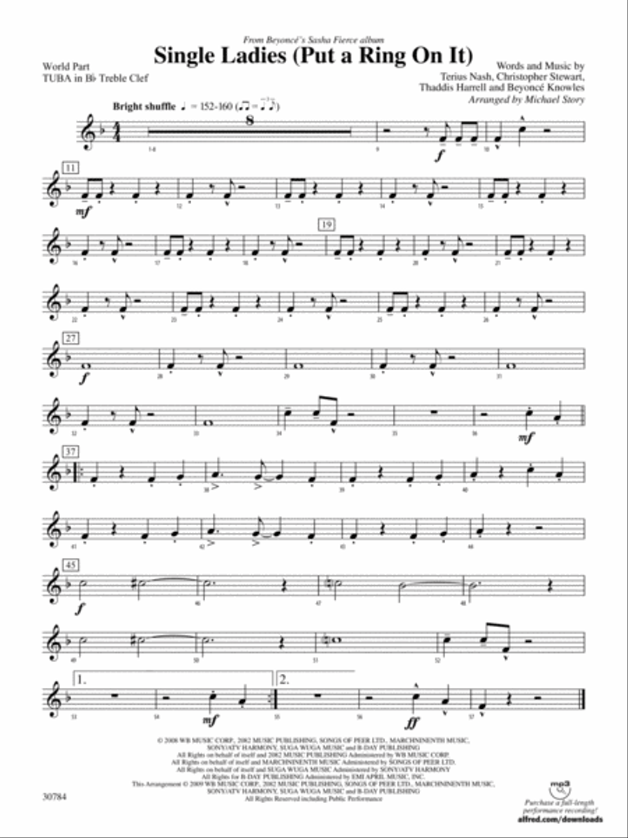Single Ladies (Put a Ring on It): (World Part) B-flat Tuba T.C. Concert Band scores gallery preview page 1