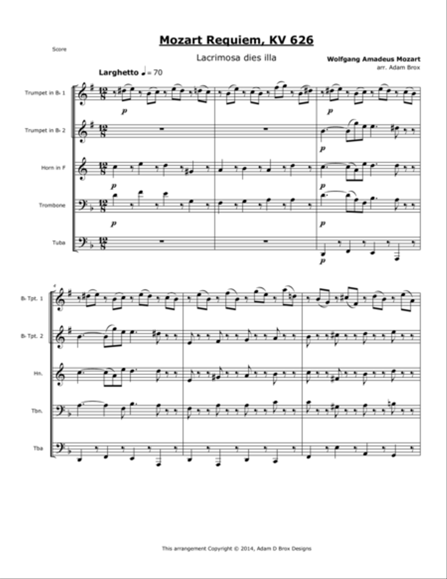 Mozart Requiem - Lacrimosa Brass Ensemble scores gallery preview page 1