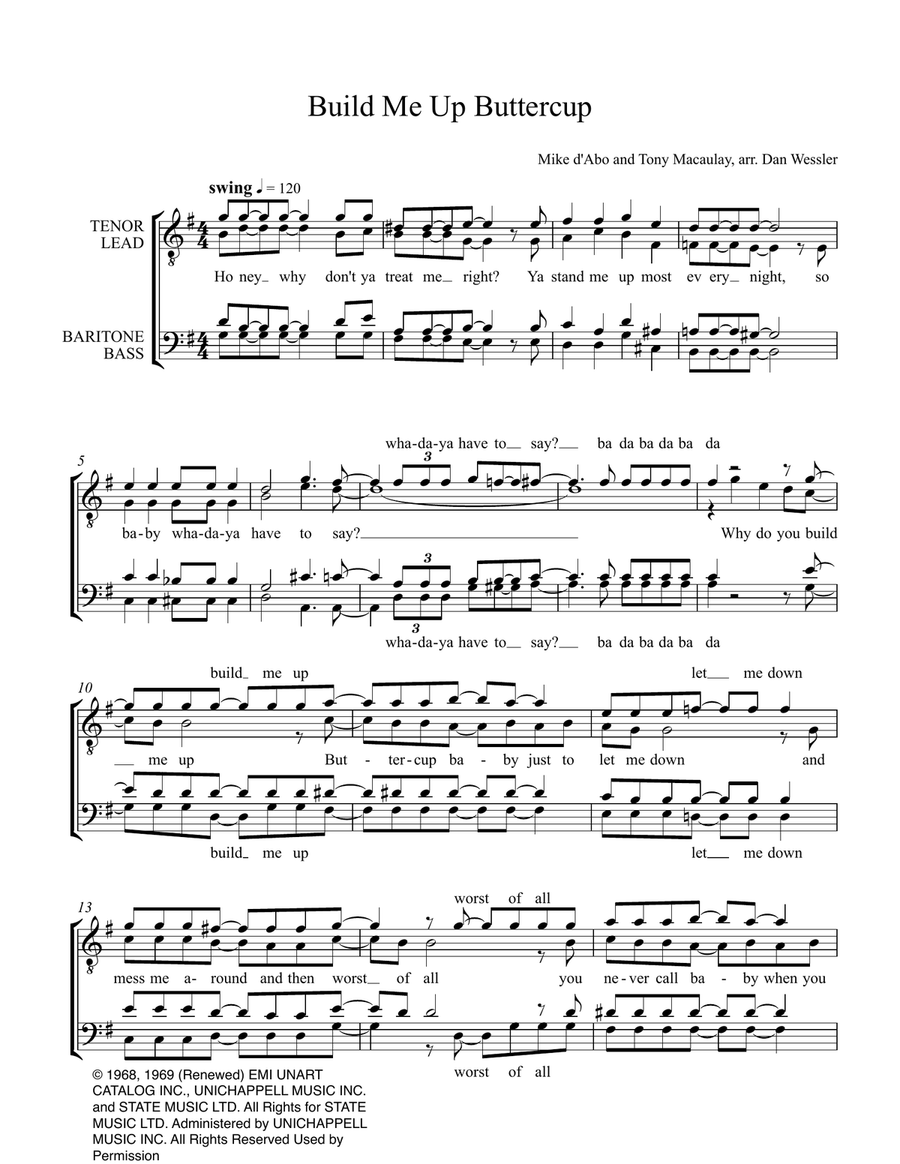 Build Me Up, Buttercup TTBB scores gallery preview page 1