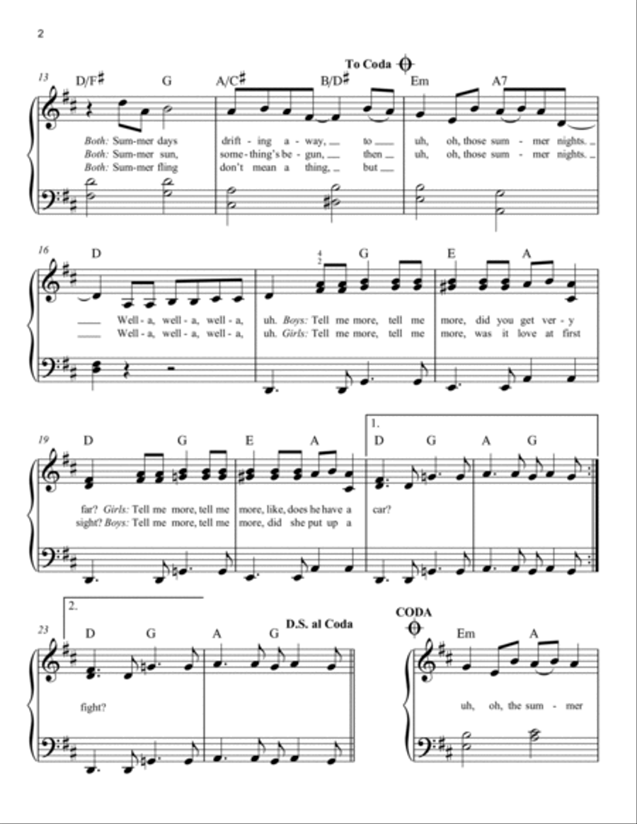 Summer Nights (from Grease) Easy Piano scores gallery preview page 2