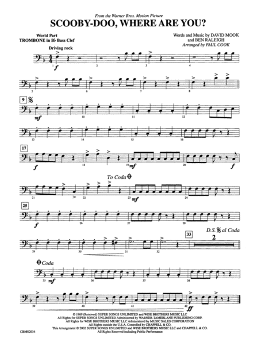 Scooby-Doo, Where Are You?, Theme from: (World Part) 1st B-flat Trombone B.C. Concert Band scores gallery preview page 1