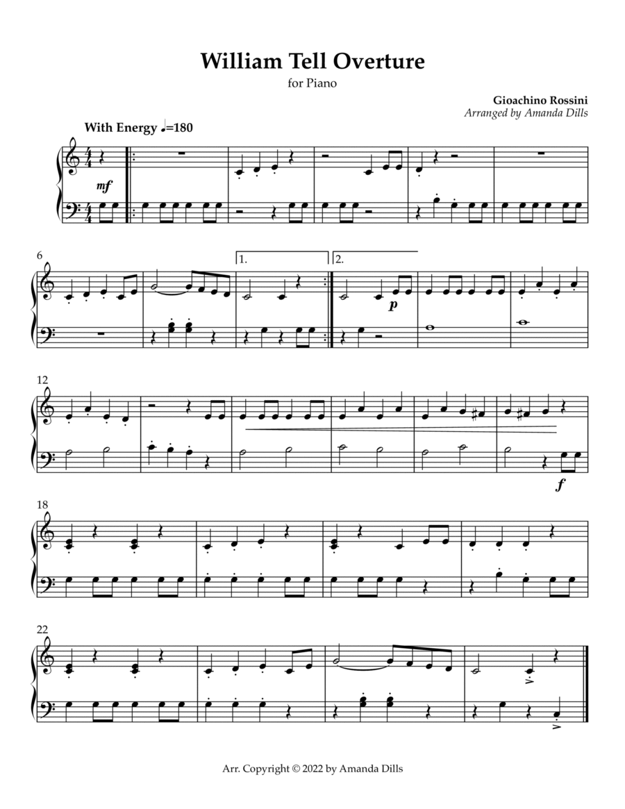 William Tell Overture (Easy Piano Solo) Easy Piano scores gallery preview page 1