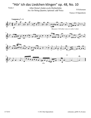 Schumann: "Hör' ich das Liedchen klingen" op. 48, No. 10; Arr. for String Quartet or Voice and Stri