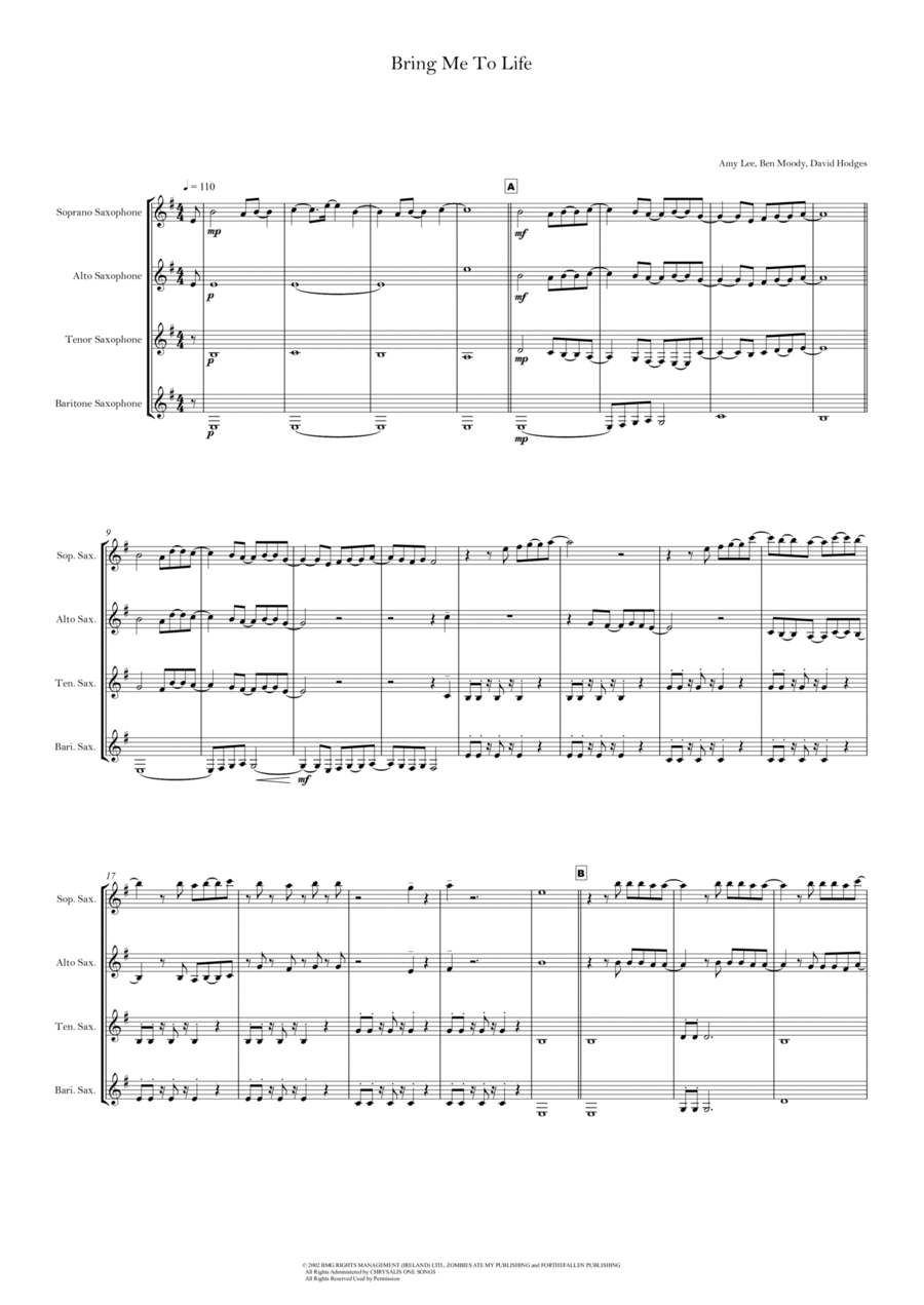 Bring Me To Life Bring Me To Life Saxophone Quartet scores gallery preview page 1