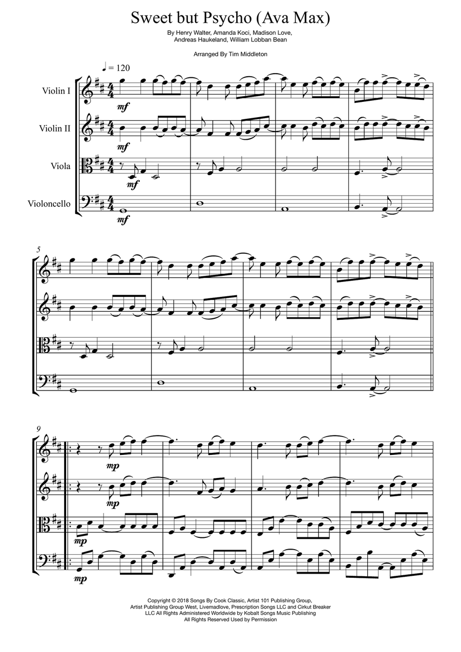 Sweet But Psycho String Quartet scores gallery preview page 5