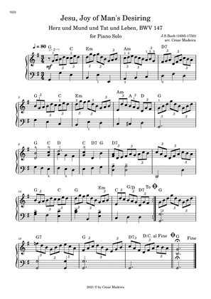 Jesu, Joy of Man's Desiring - Piano Solo - W/Chords