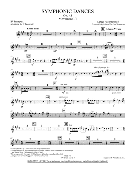 Symphonic Dances, Op.45 - Bb Trumpet Parts - Digital Only - Bb Trumpet 1 (sub. C Tpt. 1)