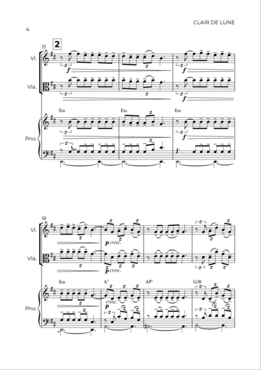 CLAIR DE LUNE - STRING PIANO TRIO (VIOLIN, VIOLA & PIANO) Viola scores gallery preview page 4