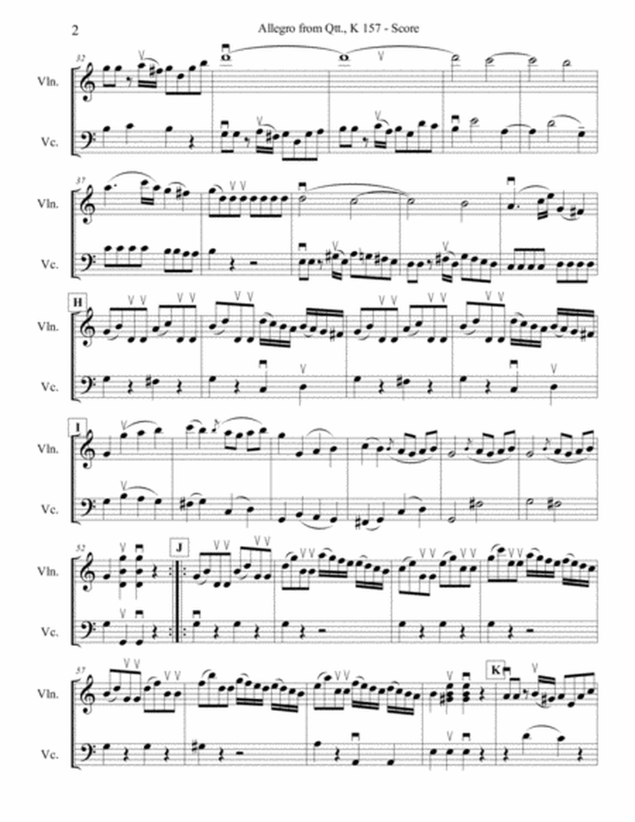 Mozart String Quartet, K 157 (Allegro) for Violin & Cello image number null