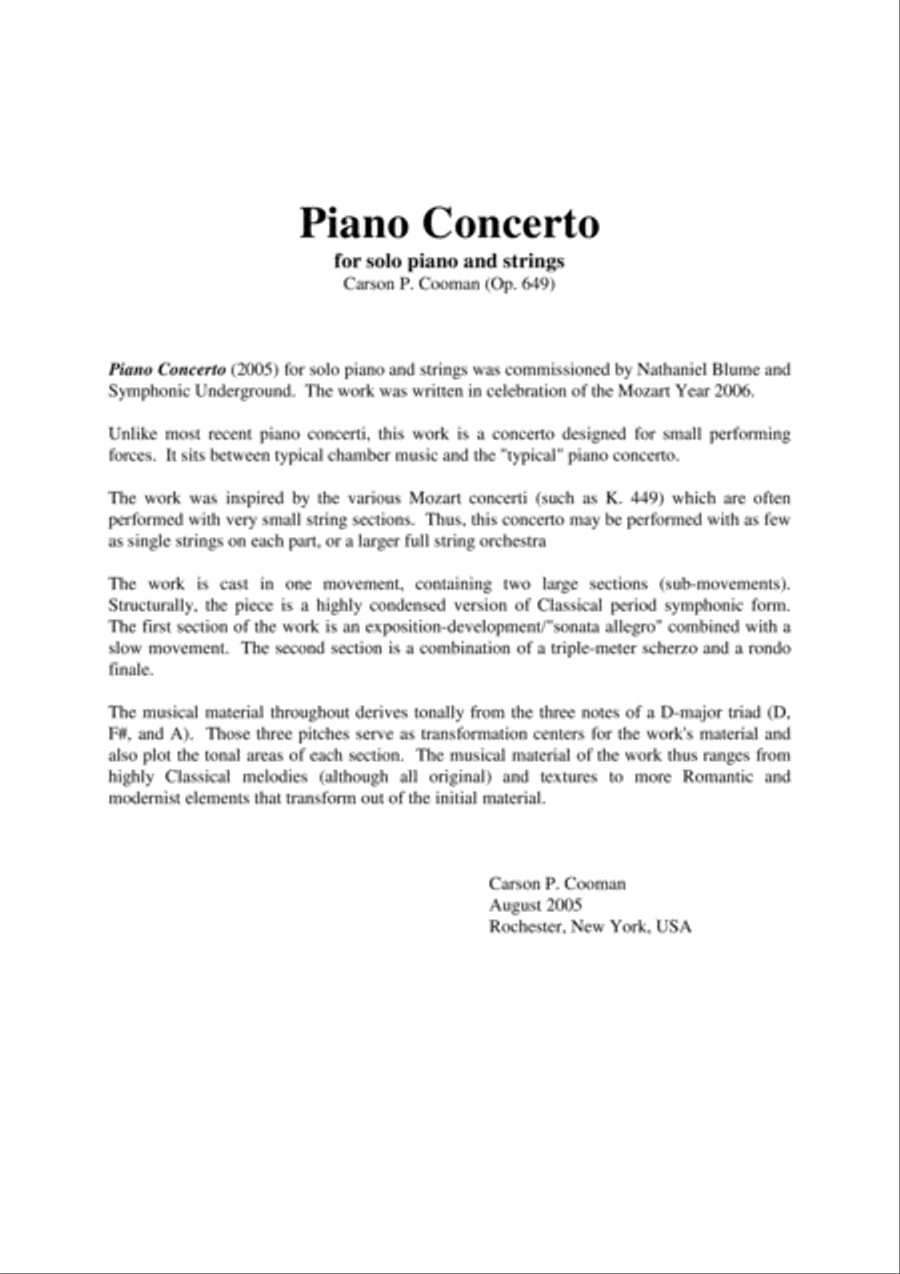 Carson Cooman: Piano Concerto (2005) for solo piano and strings, score and parts