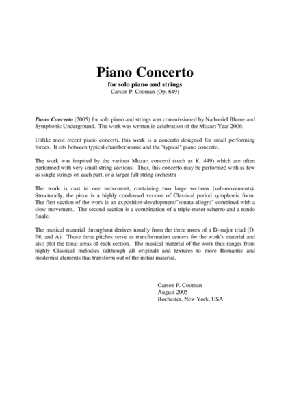 Carson Cooman: Piano Concerto (2005) for solo piano and strings, score and parts