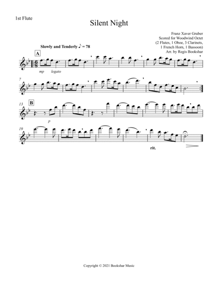 Silent Night (Bb) (Woodwind Octet - 2 Flute, 1 Oboe, 3 Clar, 1 Hrn, 1 Bassoon)