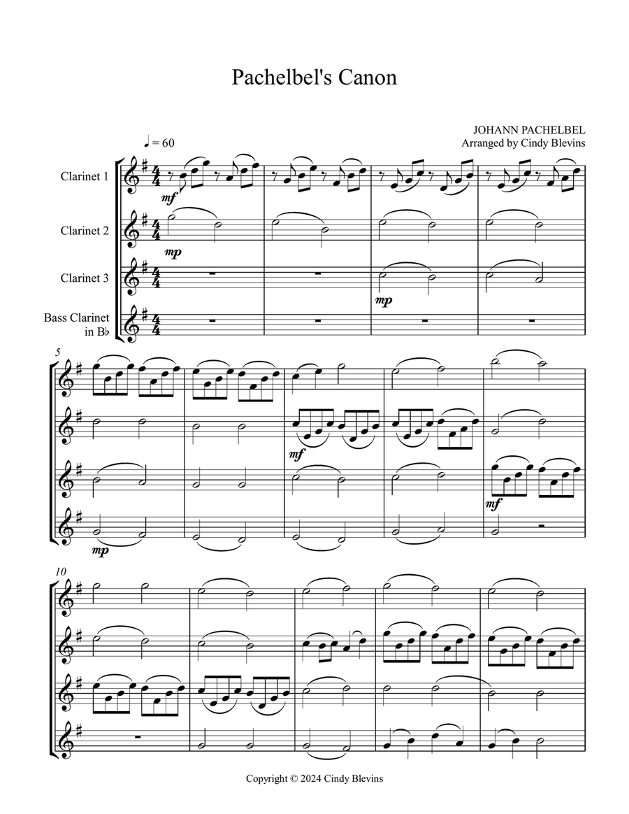 Pachelbel's Canon, for Three Clarinets and Bass Clarinet Clarinet Quartet scores gallery preview page 2