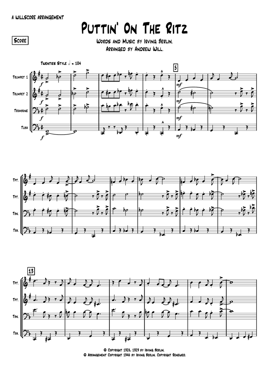 Puttin' On The Ritz Puttin' On The Ritz Brass Quartet scores gallery preview page 1