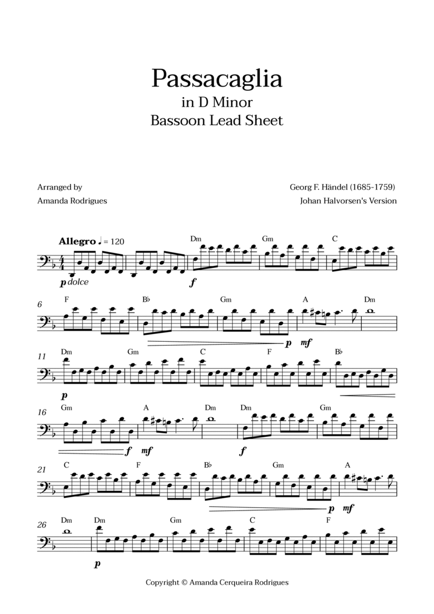 Passacaglia - Easy Fagote Lead Sheet in Dm Minor (Johan Halvorsen's Version) image number null