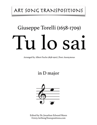 Book cover for TORELLI: Tu lo sai (transposed to D major and D-flat major)