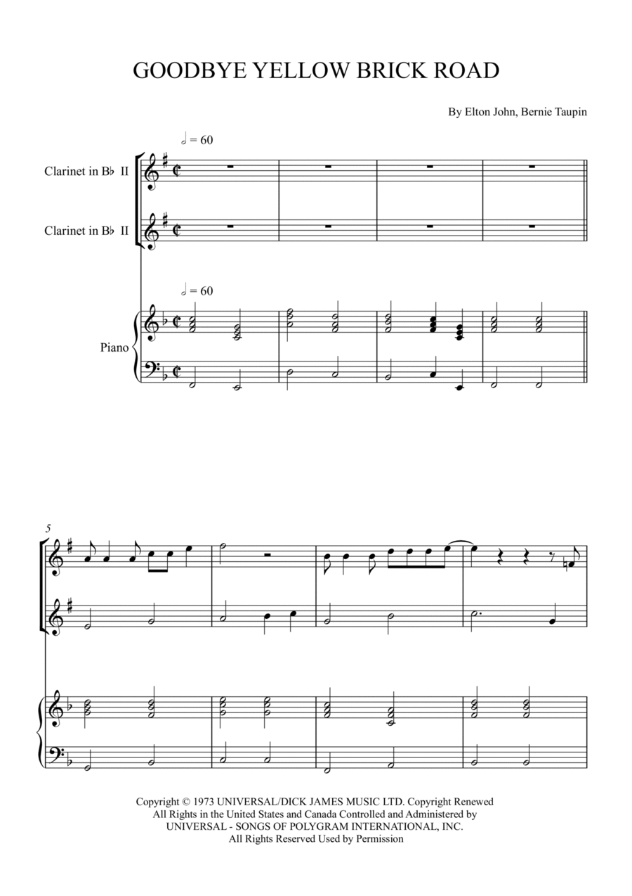 Goodbye Yellow Brick Road Clarinet Duet scores gallery preview page 1