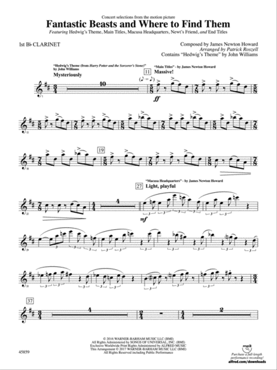 Fantastic Beasts and Where to Find Them: 1st B-flat Clarinet Full Orchestra scores gallery preview page 1
