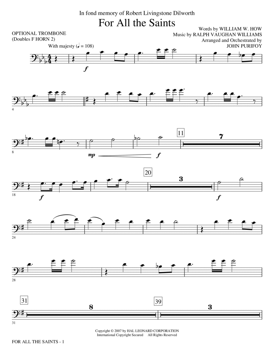 For All The Saints - Opt. Trombone (Doubles Horn 2) Choir scores gallery preview page 1