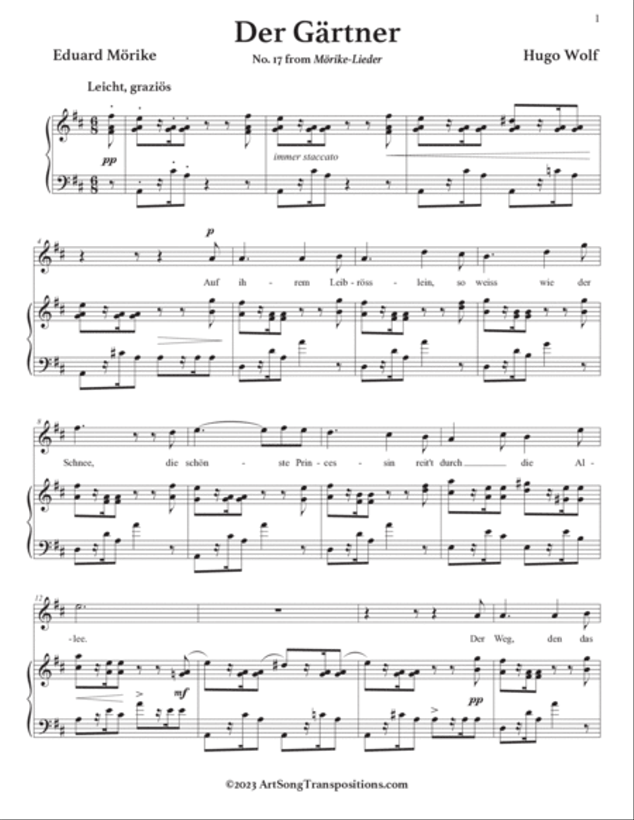 WOLF Der Gärtner (transposed to D major) by Hugo Wolf Voice