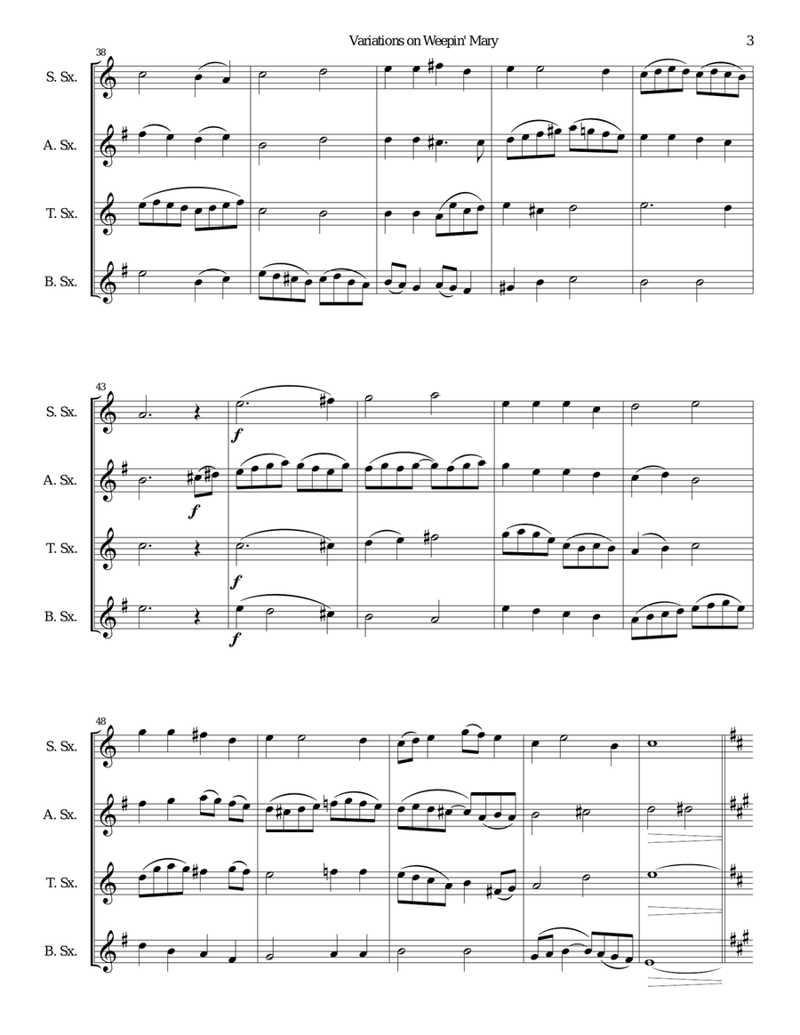 Variations on Weepin' Mary for saxophone quartet Saxophone Quartet scores gallery preview page 3