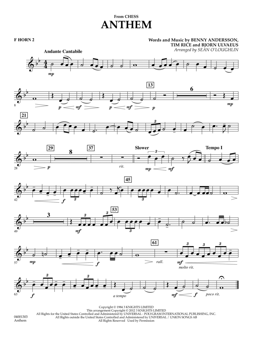 Anthem (from Chess) - F Horn 2 Concert Band scores gallery preview page 1
