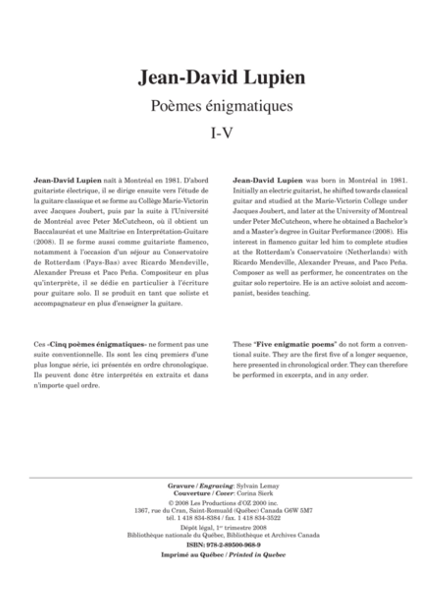 Poèmes énigmatiques I-V Classical Guitar scores gallery preview page 1