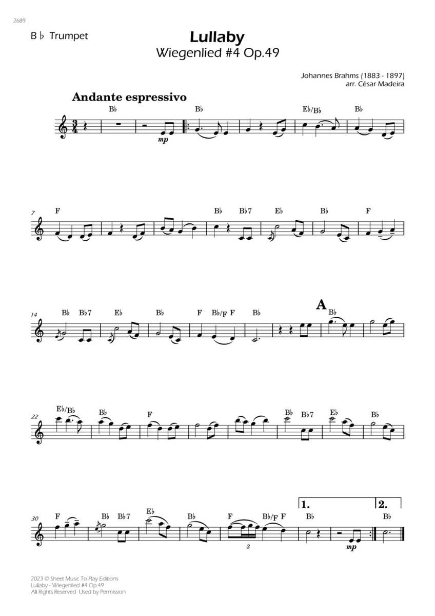 Brahms' Lullaby - Bb Trumpet Solo - W/Chords image number null