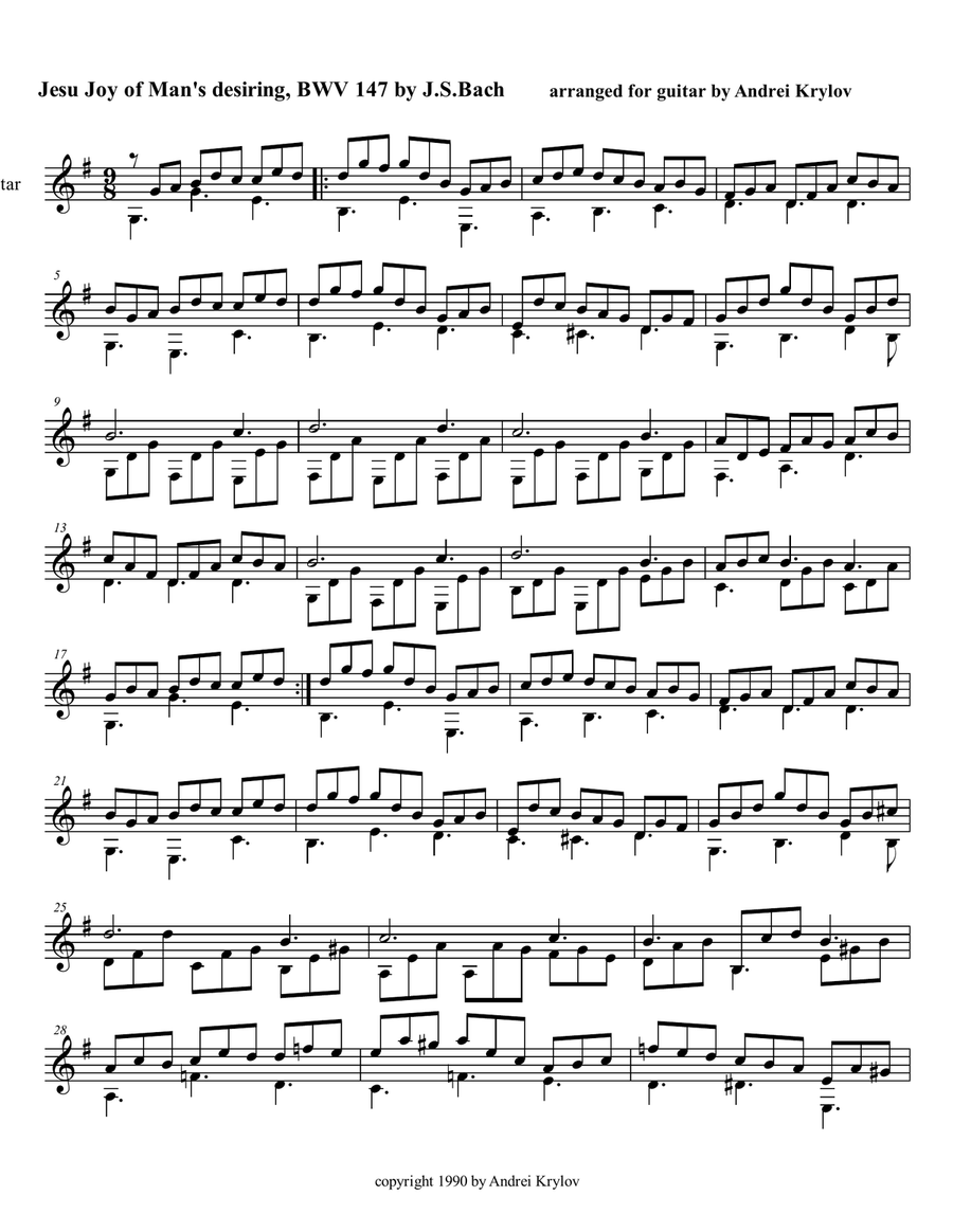 Jesu, Joy of Man's Desiring from cantata Herz und Mund und Tat und Leben, BWV 147, by Johann Sebasti Classical Guitar scores gallery preview page 1