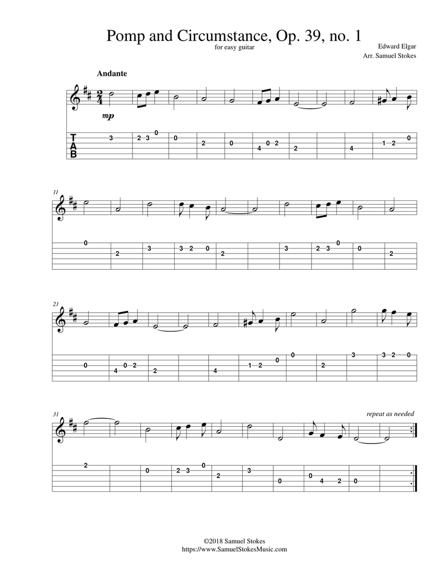 Pomp and Circumstance - for easy guitar with TAB Classical Guitar scores gallery preview page 1