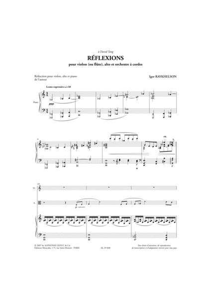 Reflexions Pour Violon (ou Flute), Alto Et Orchestre A Cordes Reduction Po
