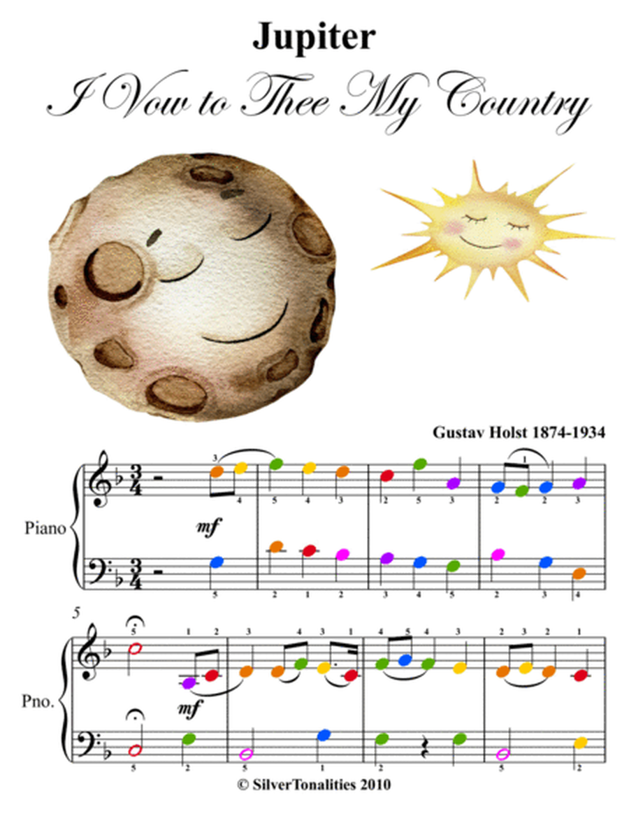 Jupiter the Planets Easy Piano Sheet Music with Colored Notation