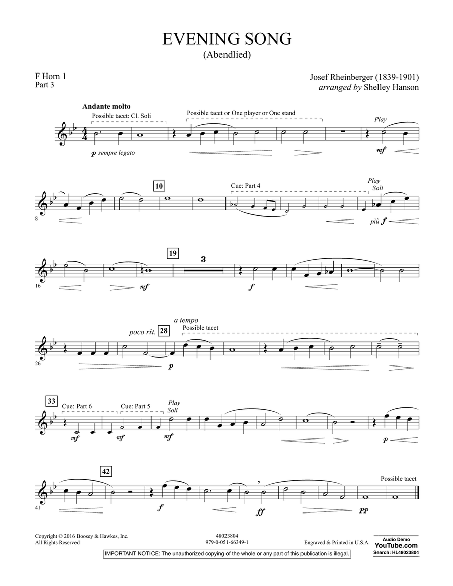 Evening Song (Abendlied) - Pt.3 - F Horn 1 Concert Band scores gallery preview page 1