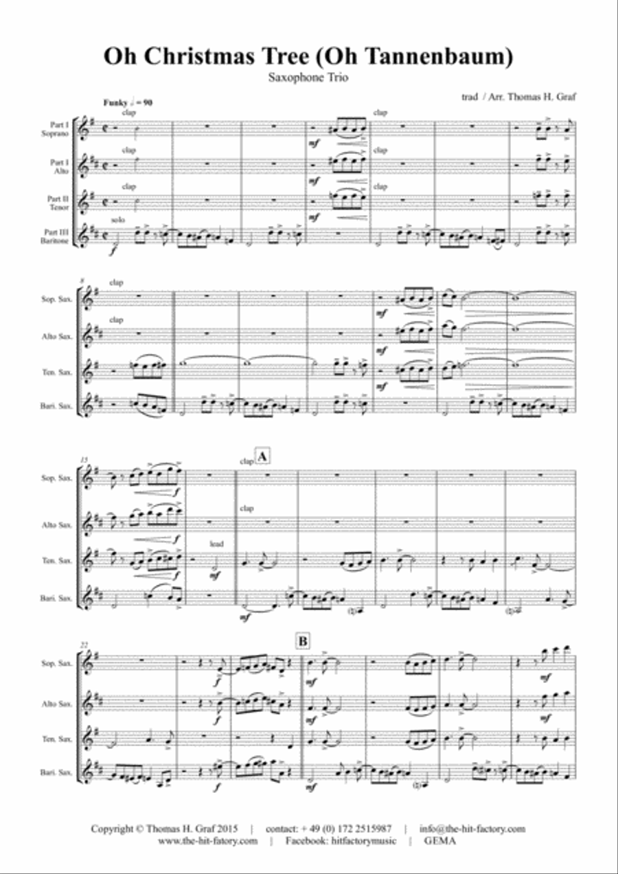 Oh Christmas tree - Oh Tannenbaum - Funky - Saxophone Trio Woodwind Trio scores gallery preview page 1