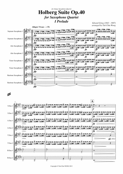 Holberg Suite arranged for Saxophone Ensemble (Octet) Score and Parts