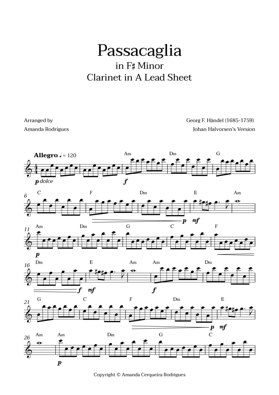 Passacaglia - Easy Clarinet in A Lead Sheet in F#m Minor (Johan Halvorsen's Version) A Clarinet scores gallery preview page 1