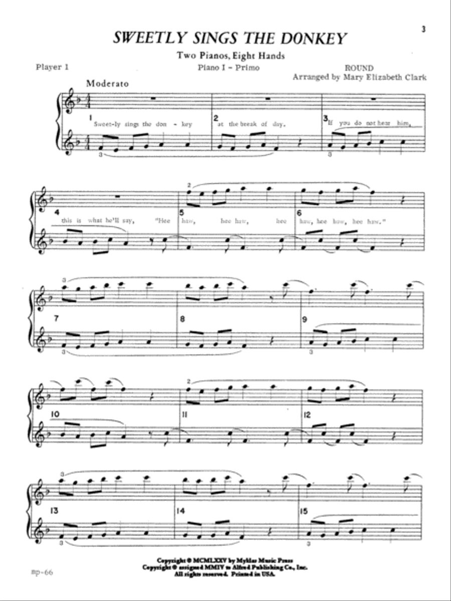 Sweetly Sings the Donkey - Piano Quartet (2 Pianos, 8 Hands) Cello scores gallery preview page 2