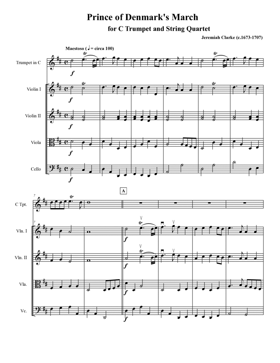 Trumpet Voluntary (Prince of Denmark's March) - Jeremiah Clarke - C Trumpet and String Quartet Chamber Orchestra scores gallery preview page 1