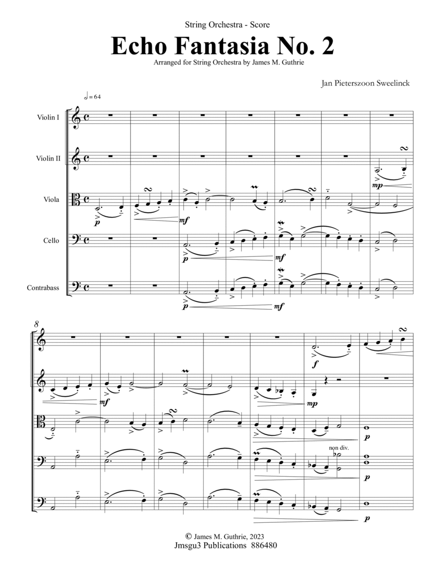 Sweelinck: Echo Fantasia No. 2 for String Orchesrta - Score Only