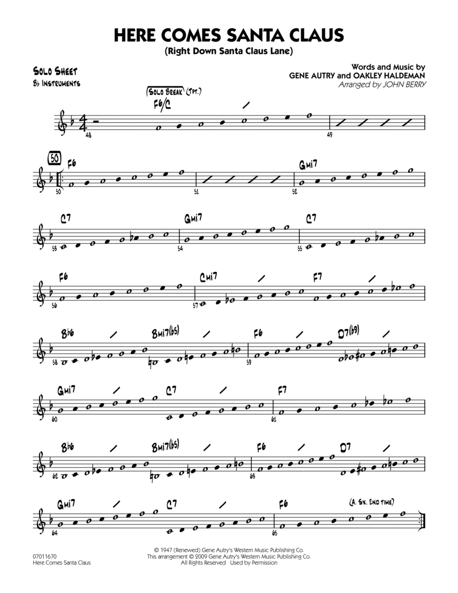 Here Comes Santa Claus (Right Down Santa Claus Lane) - Bb Solo Sheet