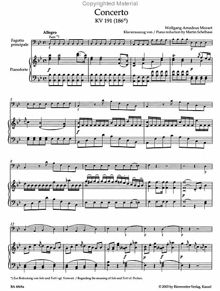 Concerto for Bassoon and Orchestra B flat major, KV 191(186e)