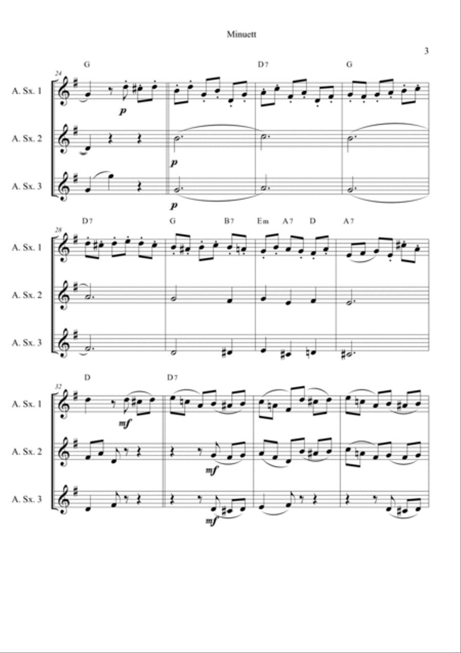 Minuett in G Major by L. Van Beethoven for Alto Saxophone Trio Woodwind Trio scores gallery preview page 3
