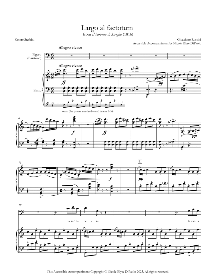 Largo al factotum (Figaro's aria) from Il barbiere di Siviglia - Accessible Accompaniments Edition Voice Solo scores gallery preview page 1